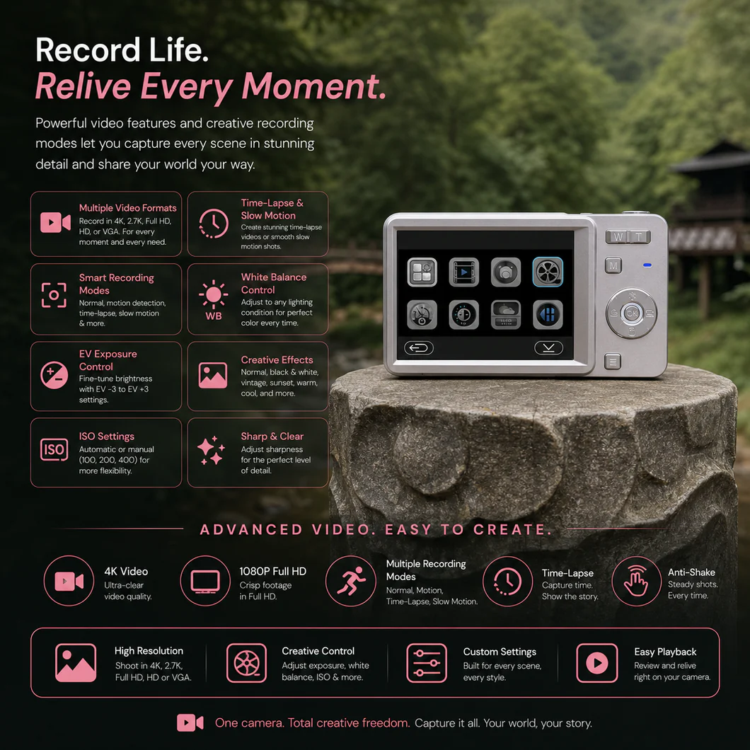 Digislide sliding camera features — 4K video, time-lapse, slow motion, ISO settings, creative filters and multiple recording modes